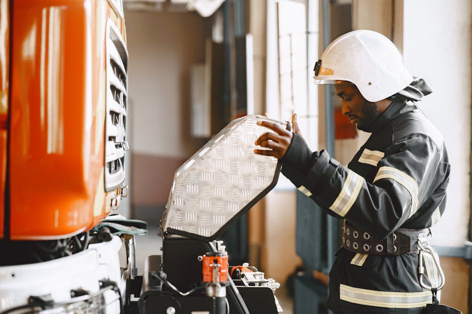 A firefighter in uniform performs maintenance on firefighting equipment in a garage setting.